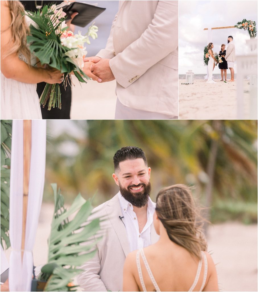 Dr. Beau and his bride Lais DeLeon during their wedding ceremony on the beach. The happy couple said their vows during the beach elopement, and local adventure wedding photographer Shayla Cristine Photography captured every precious moment. 