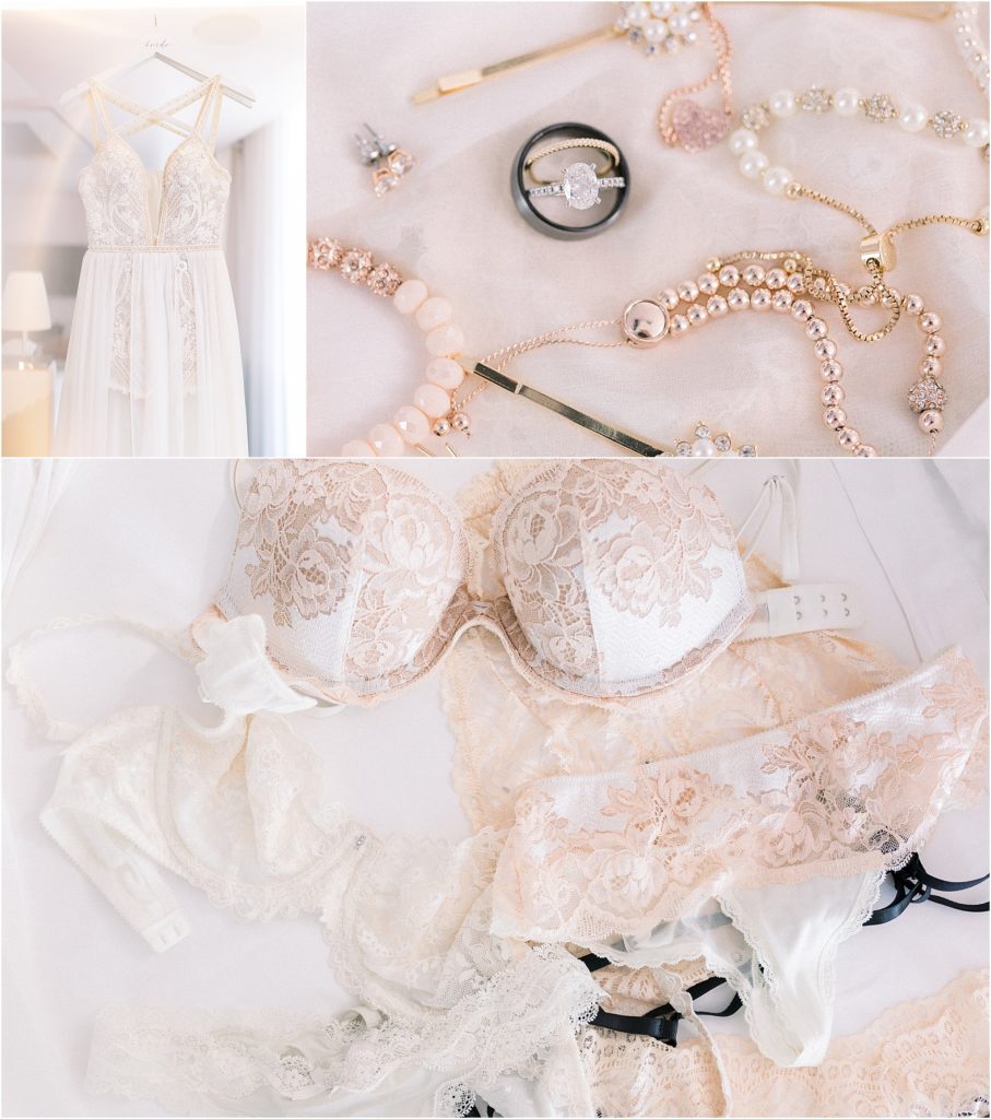A few detail shots of Lais DeLeon's rose gold wedding jewelry, custom couture gown, and gorgeous wedding lingerie. Photography by adventure wedding photographer, Shayla Cristine Photography, based in Albuquerque, New Mexico. 