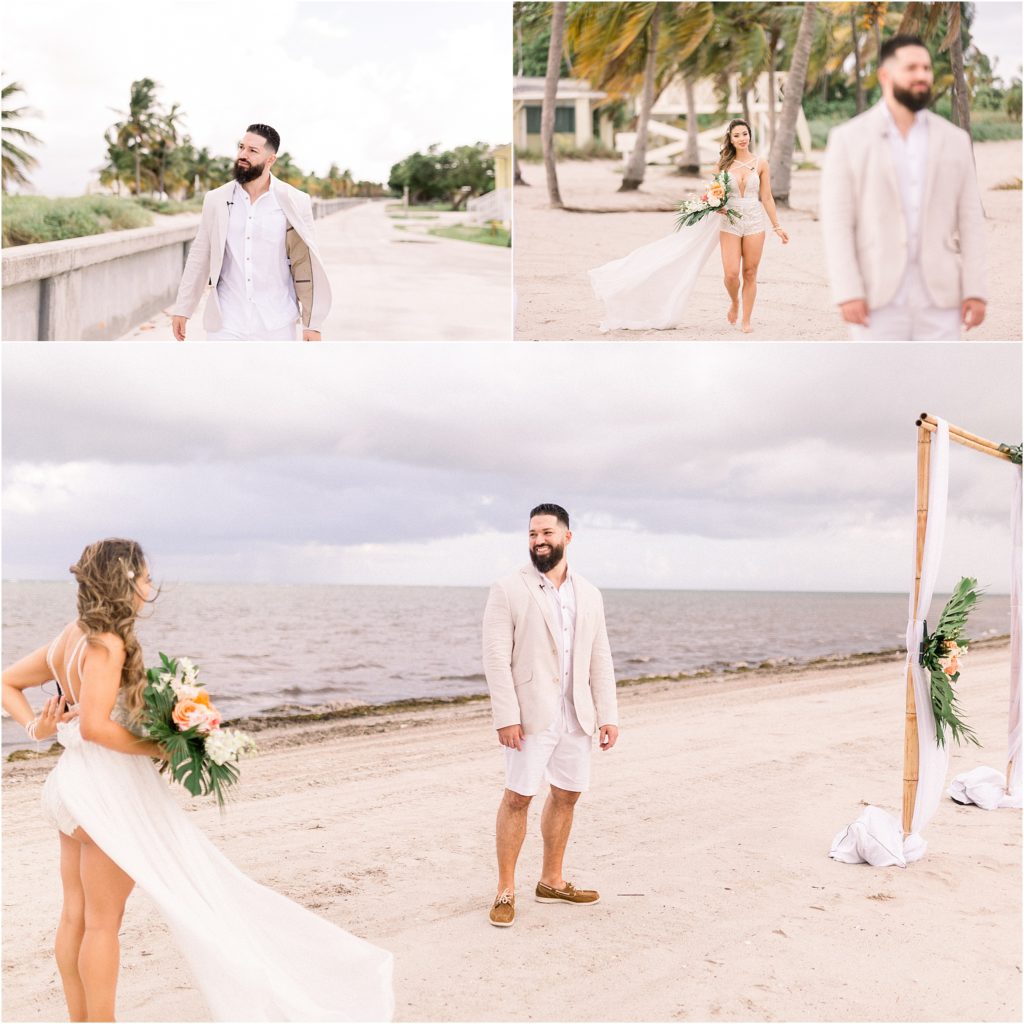First looks between the newlyweds, Lais DeLeon and Beau Hightower, right before their beach wedding ceremony elopement celebration. Shot by Shayla Cristine Photography, a traveling wedding photographer in Albuquerque, New Mexico. 