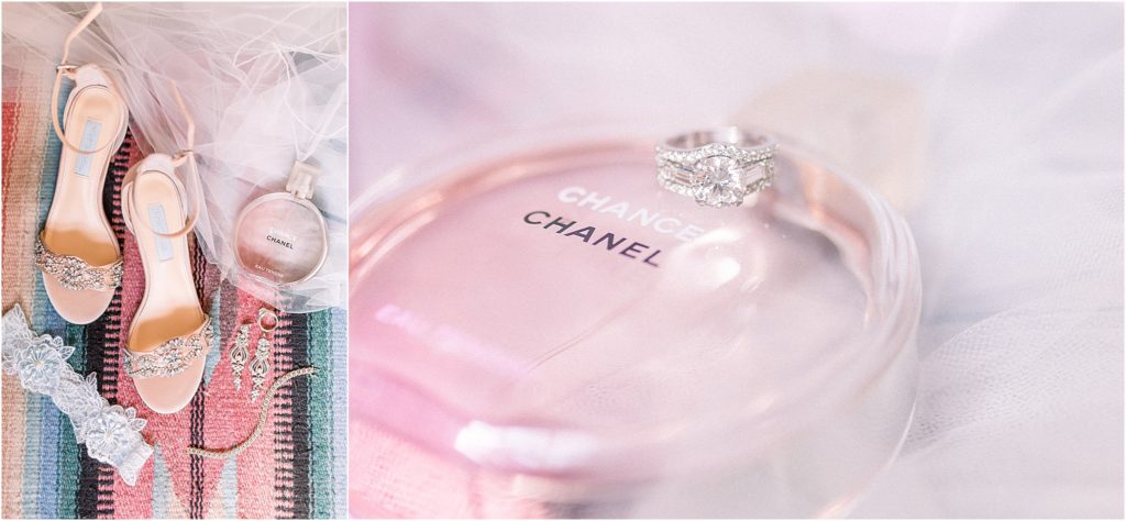 Detail shot of the bride's accessories on her weddings day - complete with Chanel perfume, her wedding ring, wedding veil, and plenty of sparkle. Captured by Shayla Cristine Photography, an Albuquerque, New Mexico based wedding photographer. 