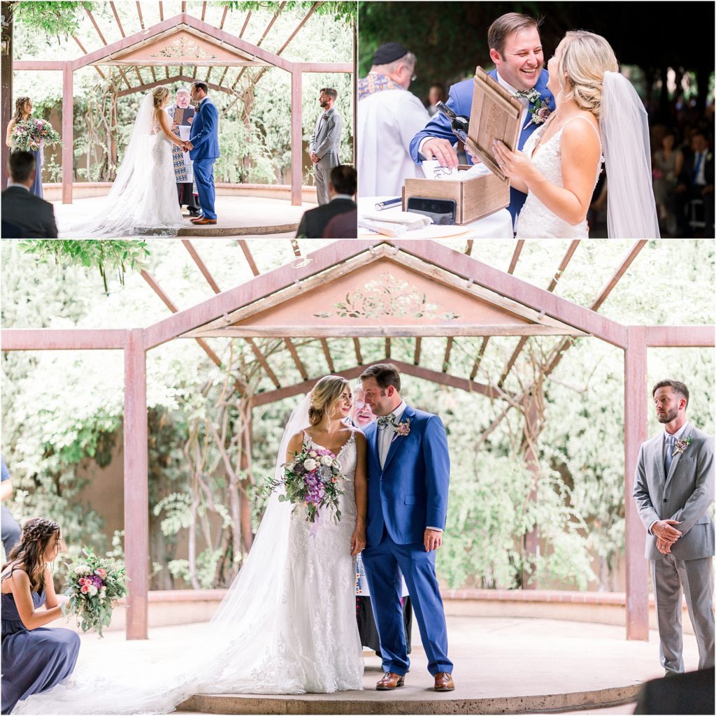 The bride and groom smile and laugh during their special wedding ceremony outdoors as the moment is captured by Albuquerque's best local wedding photographers in New Mexico, Shayla Cristine Photography. 