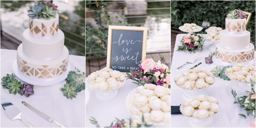 Lovely sweet treats - a white cake with geometric gold detailing and adorable little pastries for the outdoor wedding reception in Albuquerque, New Mexico that Shayla Cristine Photography - New Mexico's best wedding photographers - captured. 