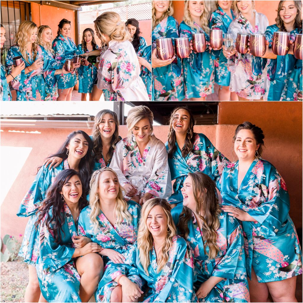 A collection of shots of the happy bridesmaids with their bride on her wedding day, all in matching kimonos and with champagne flutes for days. All photos taken by Shayla Cristine Photography, Albuquerque's best wedding photographer. Based in New Mexico. 