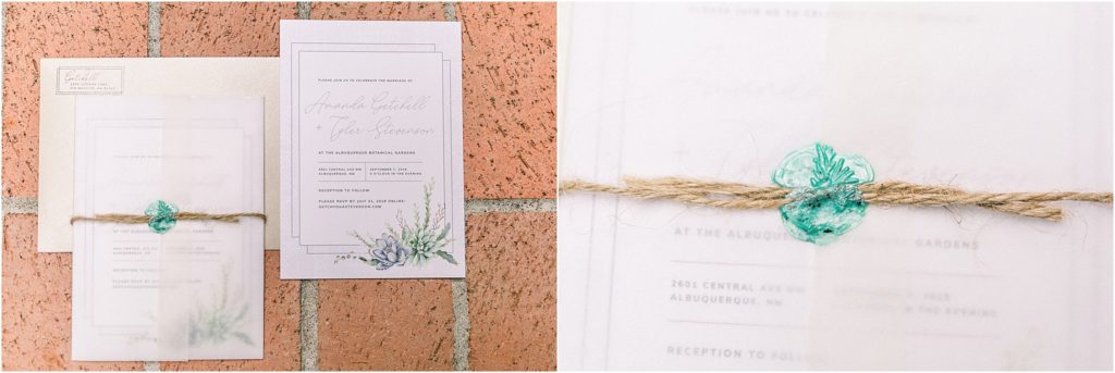 Detailed wedding invitations shot by Shayla Cristine Photography, for an outdoor wedding ceremony at the ABQ BioPark in Albuquerque New Mexico. 