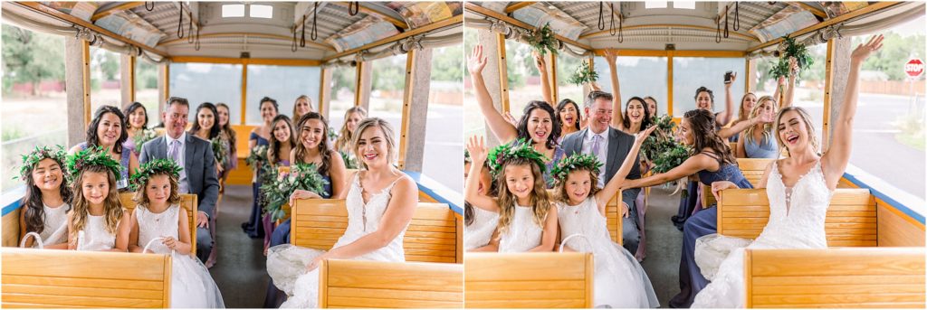 Adorable shots of the bride's family on one of the ABQ BioPark's open air buses, heading to the outdoor wedding ceremony in the Japanese Garden in Albuquerque. Captured by New Mexico's best wedding photography team, Shayla Cristine Photography. 