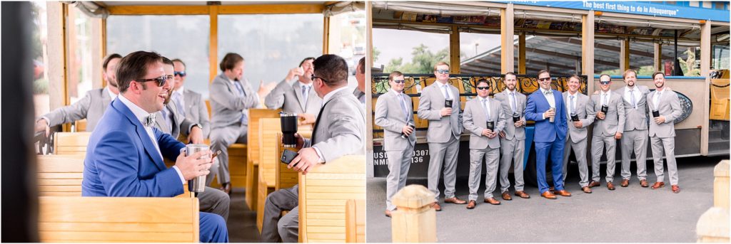The groom and his groomsmen outside of their groom bus, getting ready to go in for the outdoor wedding ceremony in the Japanese Gardens of the ABQ BioPark in Albuquerque. Shot by Shayla Cristine Photography, the best wedding photographer in New Mexico