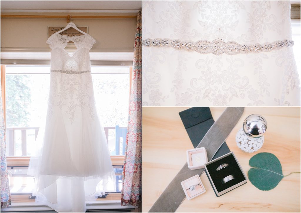 Wedding details - beaded wedding gown belt, gown with lace overlays, and both the groom and bride's gorgeous wedding rings, shot in Albuquerque by local wedding photographer Shayla Cristine Photography.