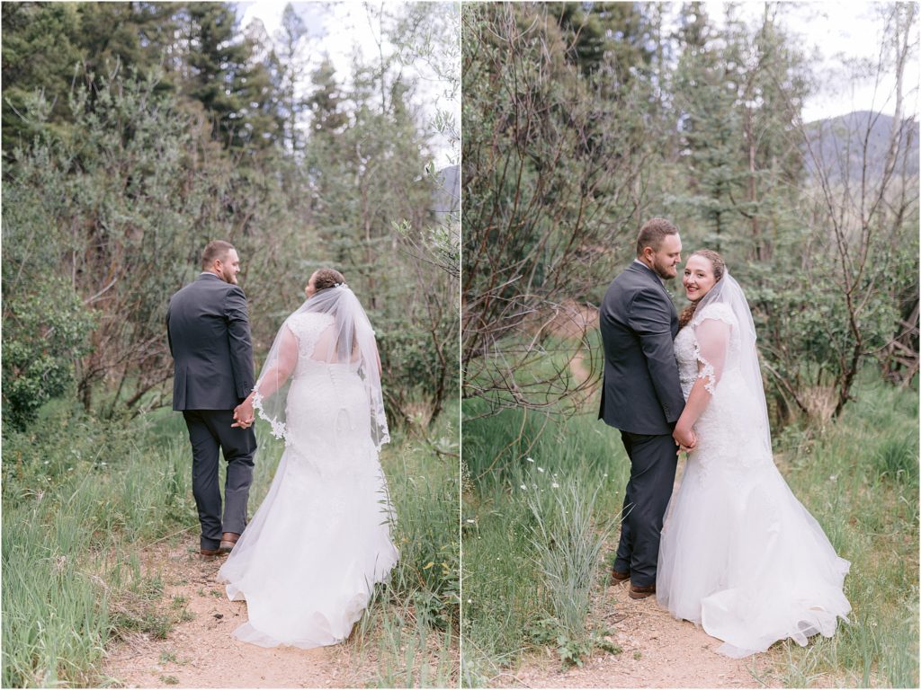 Groom and bride hold hands after their wedding ceremony in the outdoors of New Mexico, smiling at the best photographer in Albuquerque, Shayla Cristine Photography.
