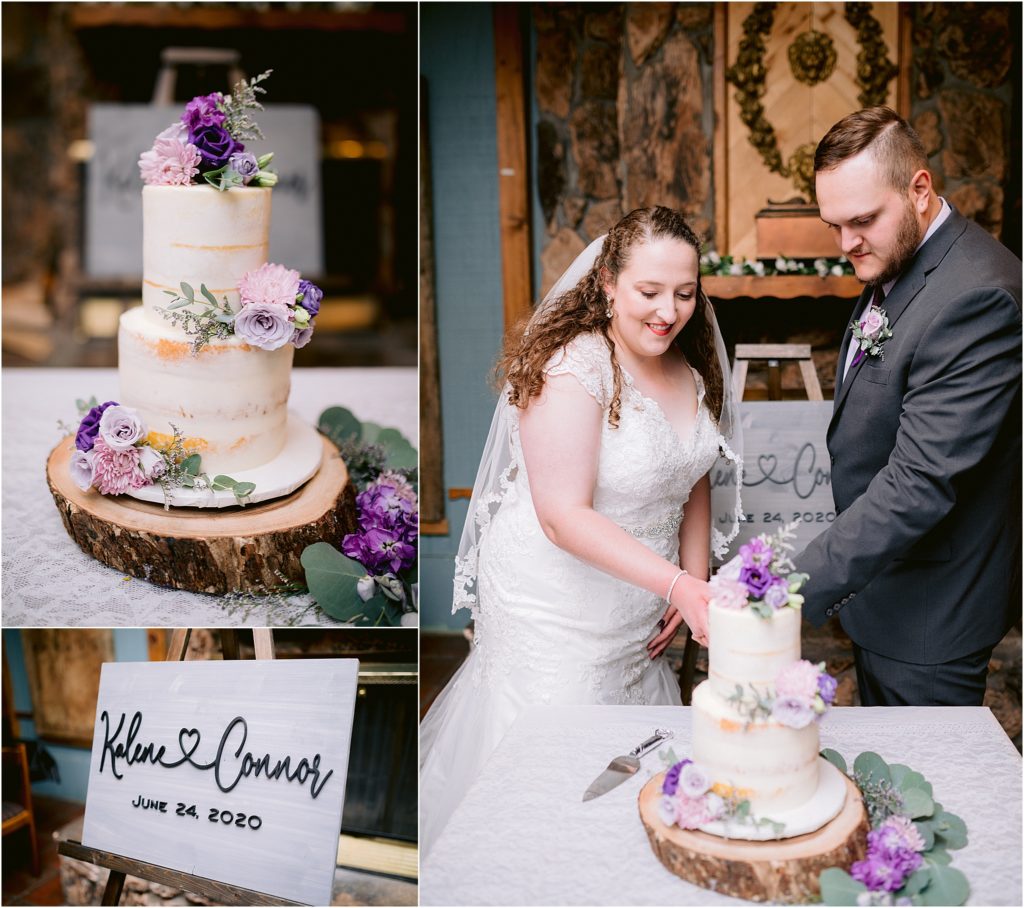 A beautiful purple and gold wedding cake, the happy bride and groom dig into the delicious treat while Albuquerque, New Mexico's best wedding photographers capture the moment. 
