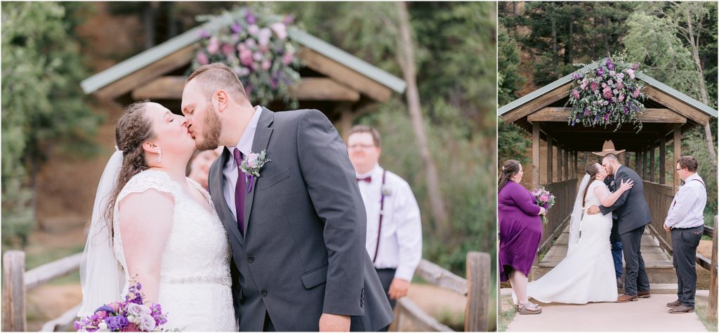Shayla Cristine Photography captures the couple during their big kiss! Bride and groom say I do in New Mexico during their outdoor wedding ceremony.
