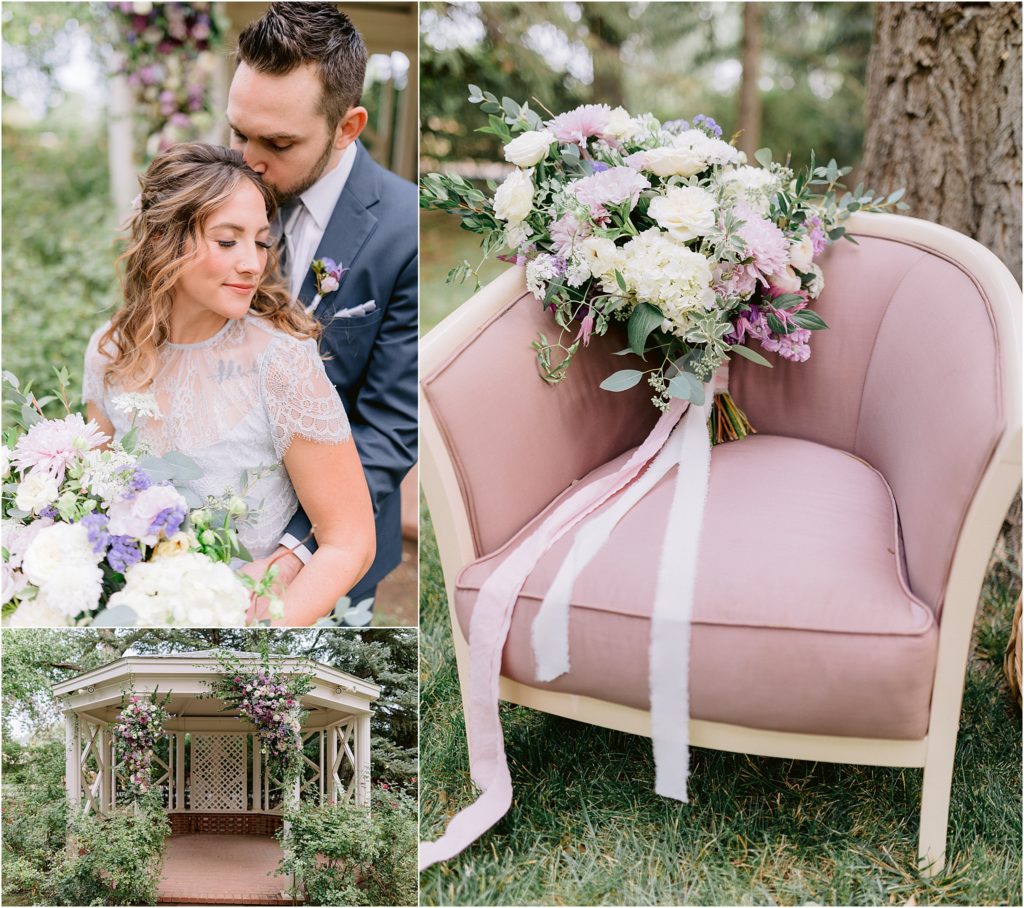 Pale pink plush chairs from Darling Details rentals and wedding floral arrangements by A Beautiful Theme wedding planners captured by New Mexico's favorite local wedding photography team, Shayla Cristine Photography.