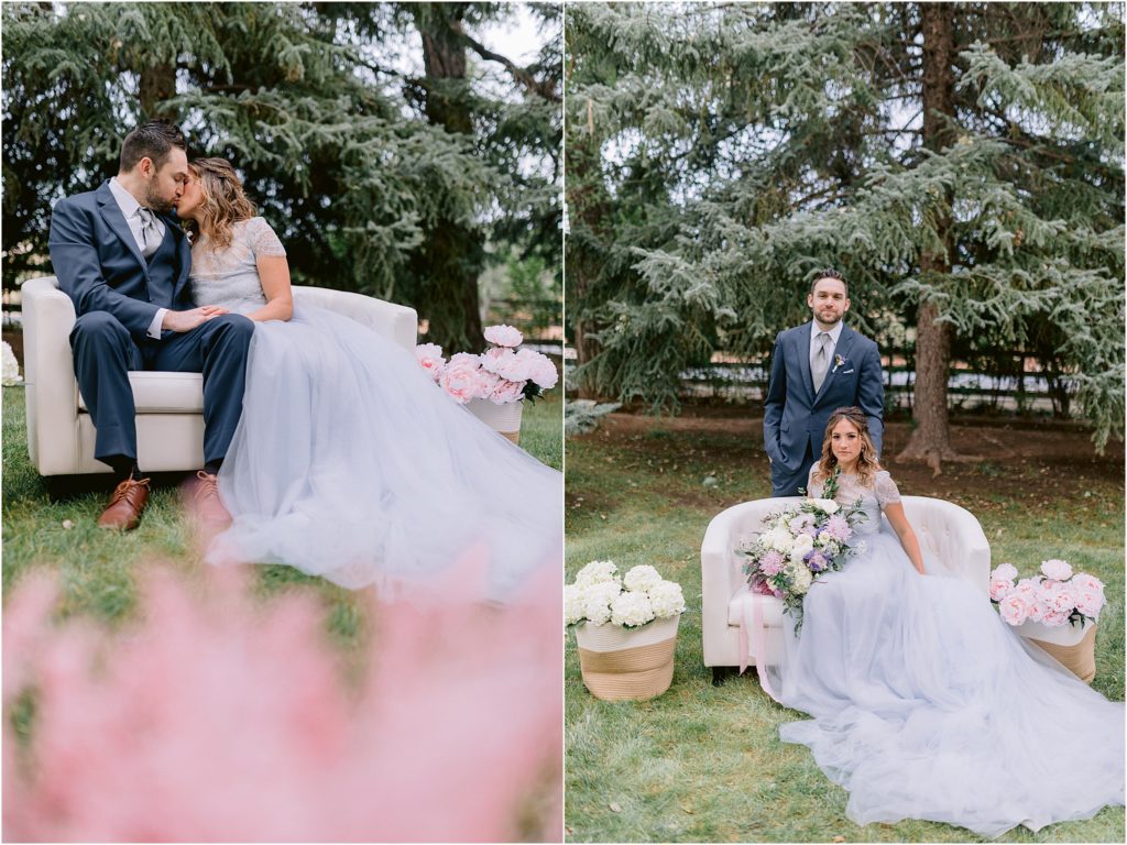 Lilac bridal gown and dark grey men's suit are what the bride and groom of this wedding styled shoot are wearing at the outdoor wedding venue location in Albuquerque New Mexico, as captured by state's best wedding photographer Shayla Cristine Photography.