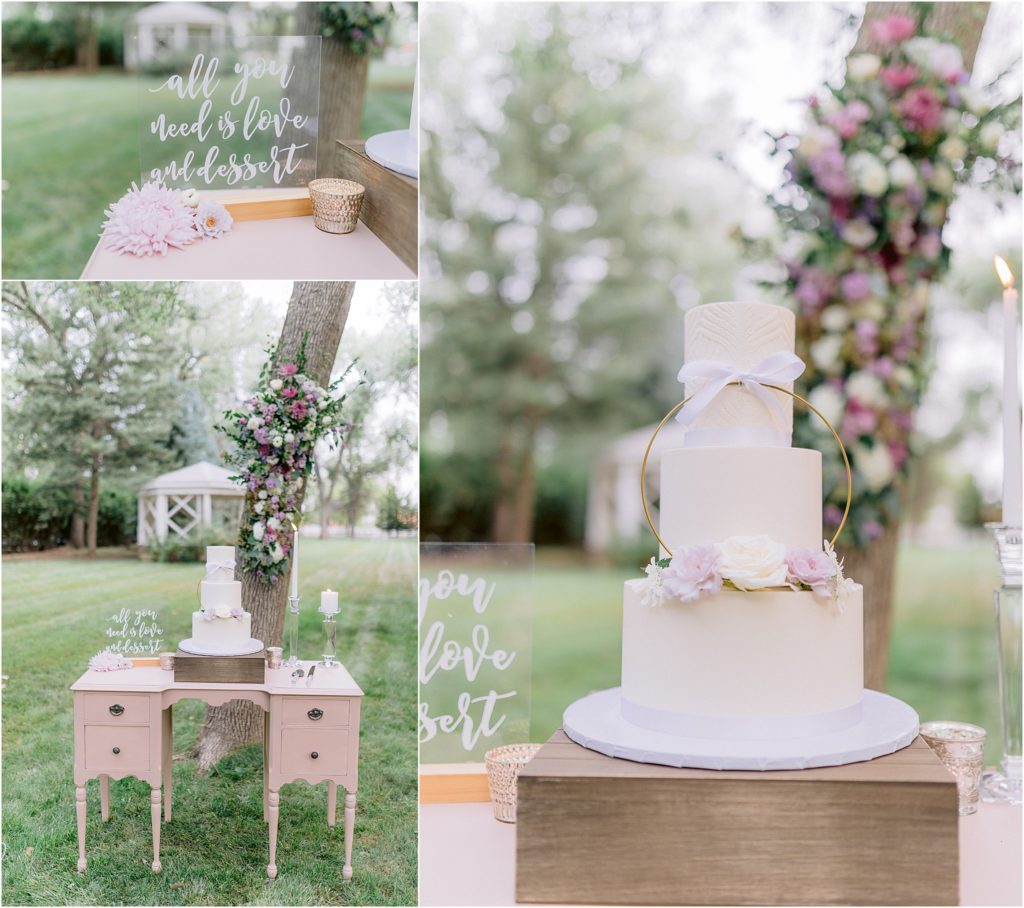Locally famous wedding photographer in Albuquerque, New Mexico, Shayla Cristine Photography, captures the wedding cake and dessert table outdoors at this farmhouse wedding styled shoot.