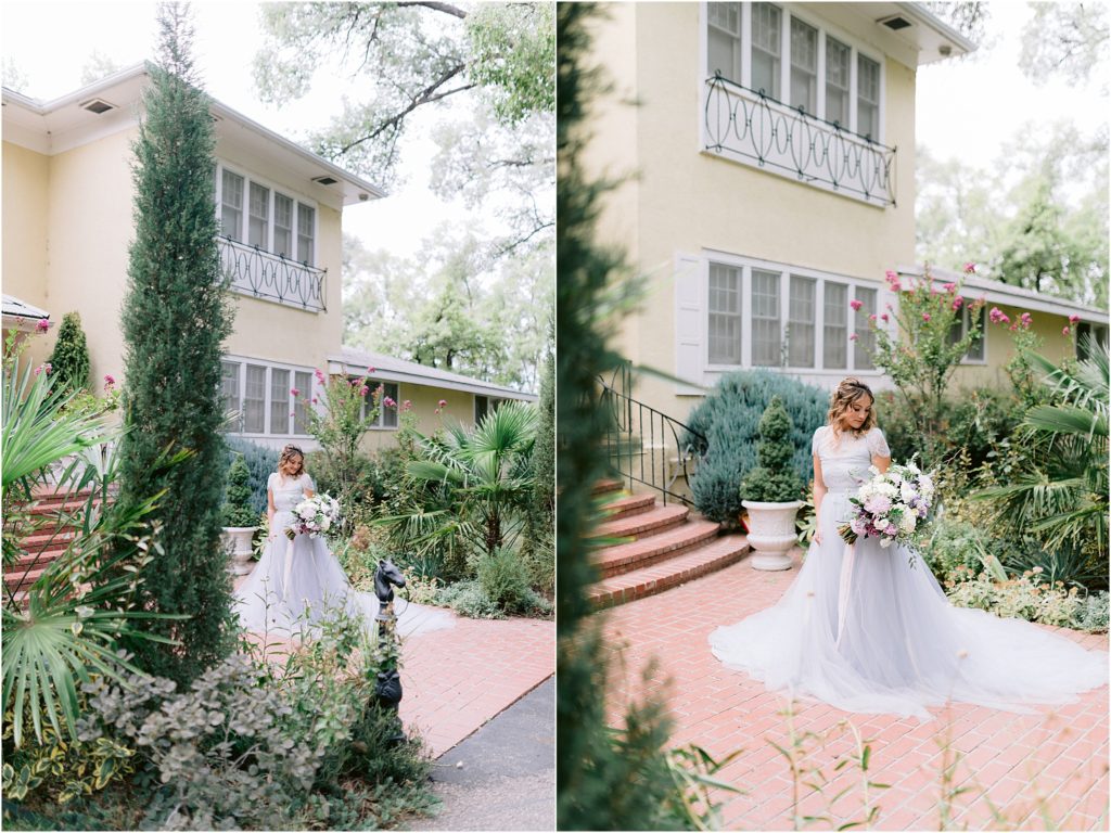 Local best wedding photography team, Shayla Cristine Photography, captures the model bride in her wedding gown outside the farmhouse wedding venue in Albuquerque, New Mexico. 